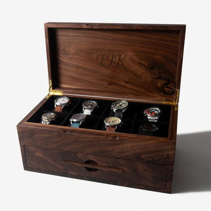 Black Walnut Watch Box with Drawer - 12 to 16 Watch Compartments - Personalized Engraved Gift for Him - Handmade