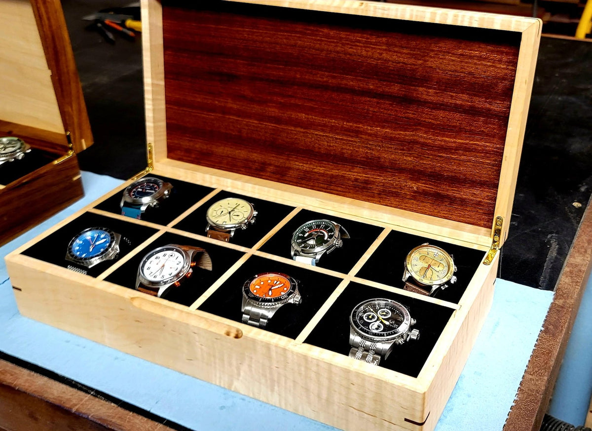 Curly Maple Watch Box - Sapele Mahogany Lid - 8 Watch Compartments - Personalized Gift for Him - Handmade