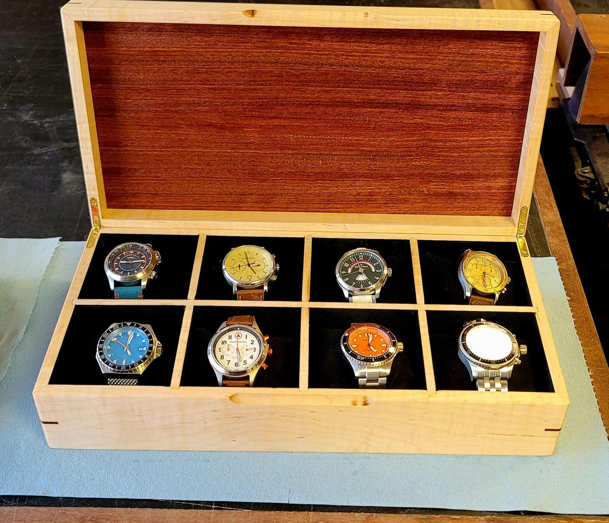 Curly Maple Watch Box - Sapele Mahogany Lid - 8 Watch Compartments - Personalized Gift for Him - Handmade