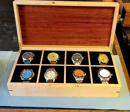 Curly Maple Watch Box - Sapele Mahogany Lid - 8 Watch Compartments - Personalized Gift for Him - Handmade