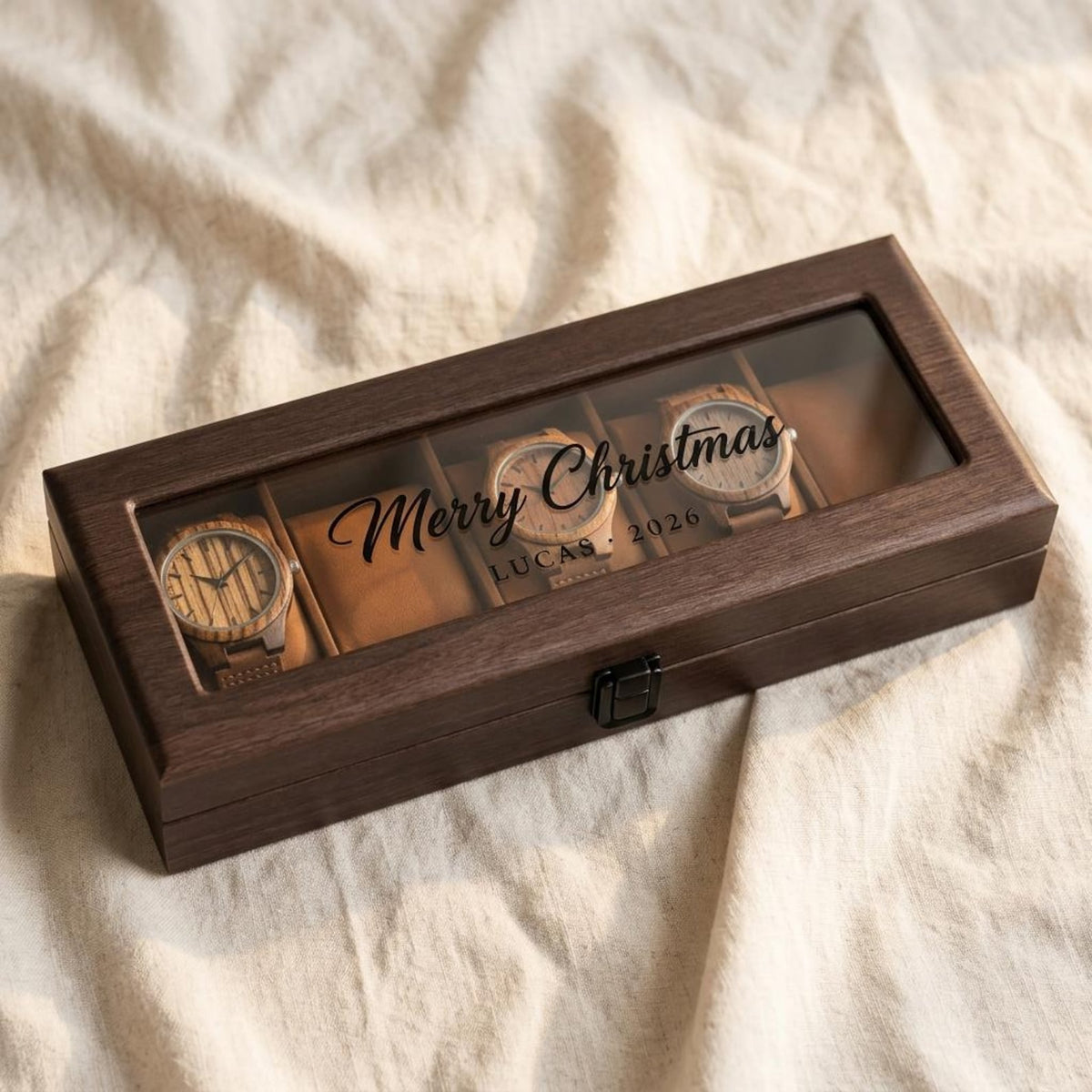 Personalized Wooden Watch Box, 6 Slot Watch Case with Custom Name, Glass Lid Watch Organizer for Men, Anniversary Gift for Him