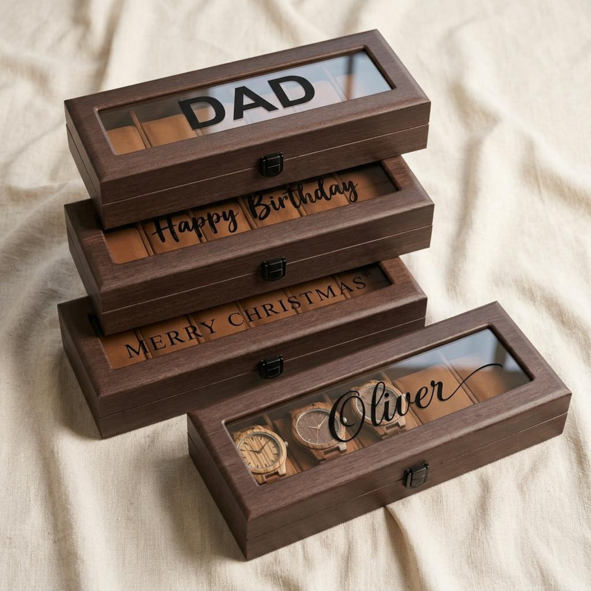 Personalized Wooden Watch Box, 6 Slot Watch Case with Custom Name, Glass Lid Watch Organizer for Men, Anniversary Gift for Him