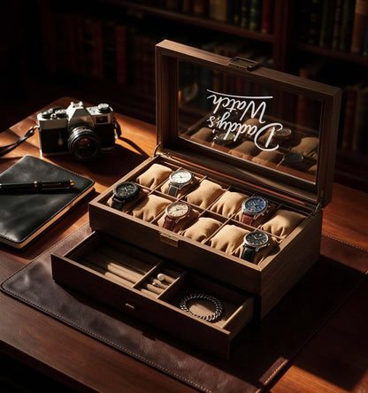 Custom Engraved Watch Box – Personalized Men's Watch & Jewelry Case – Gift for Husband, Dad, Him – Birthday, Anniversary