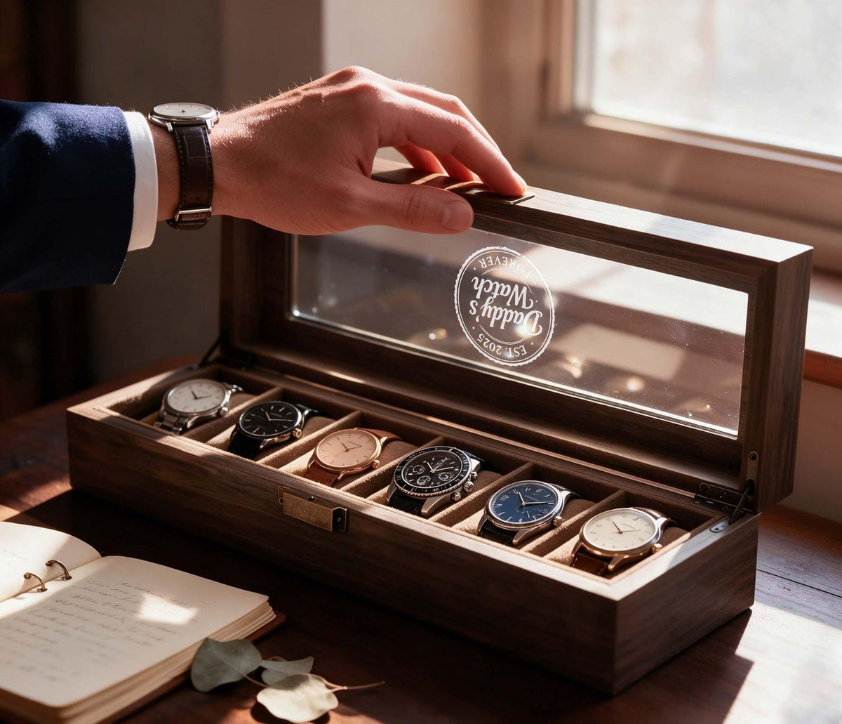 Personalized 6-Slot Men's Watch Box – Two-Layer Wooden Display Case with Drawer – Grain Leather Watch Organizer – Anniversary Gift for Him