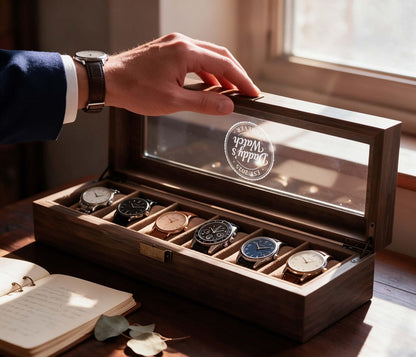 Personalized 6-Slot Men's Watch Box – Two-Layer Wooden Display Case with Drawer – Grain Leather Watch Organizer – Anniversary Gift for Him