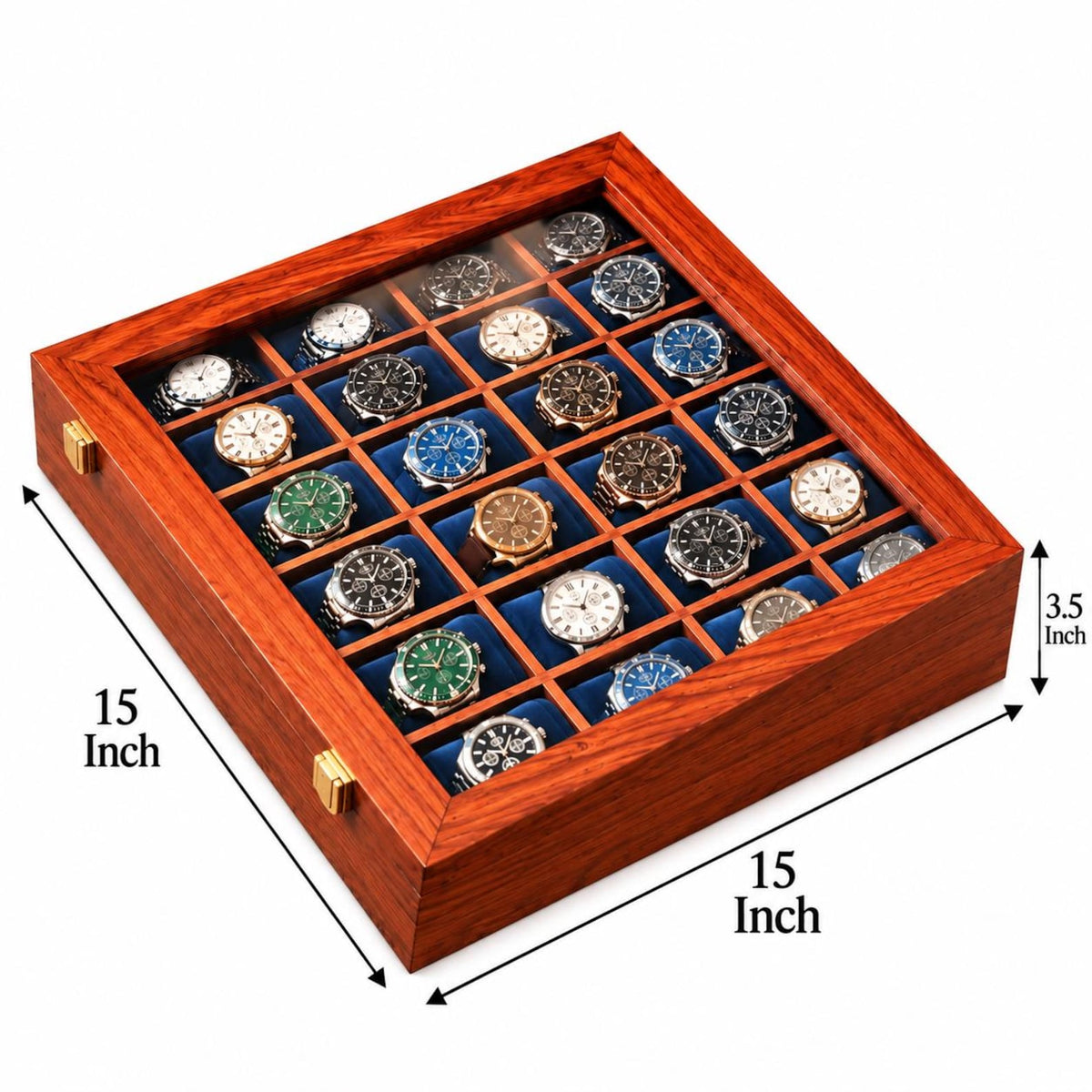 24-Slot Wooden Watch Box with Glass Lid, Velvet Interior, Luxury Storage