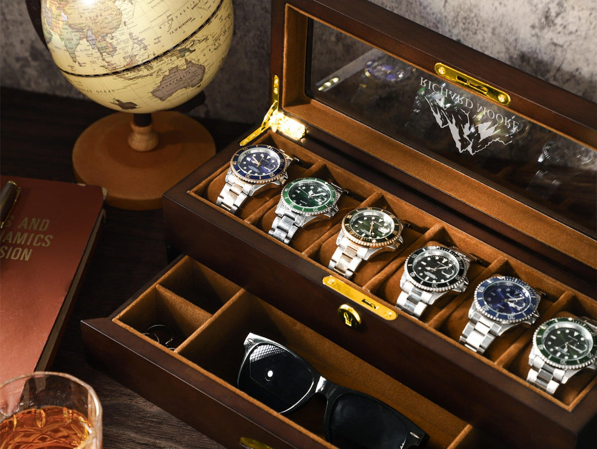6 Slots Wooden Watch Box, Personalized Watch Case with Drawer, Men's Jewelry Watch Box Display and Storage, Gifts for Him