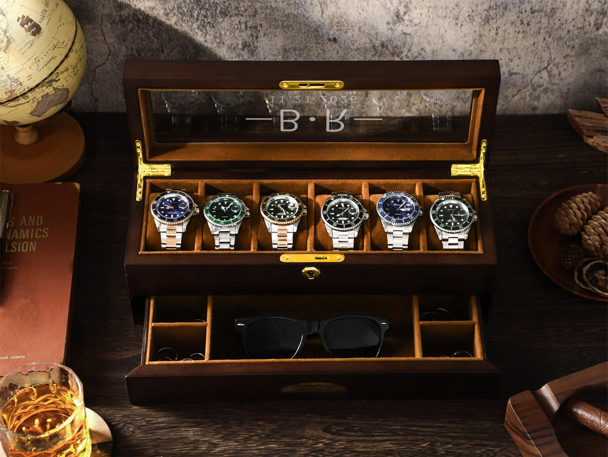 6 Slots Wooden Watch Box, Personalized Watch Case with Drawer, Men's Jewelry Watch Box Display and Storage, Gifts for Him