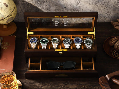 6 Slots Wooden Watch Box, Personalized Watch Case with Drawer, Men's Jewelry Watch Box Display and Storage, Gifts for Him