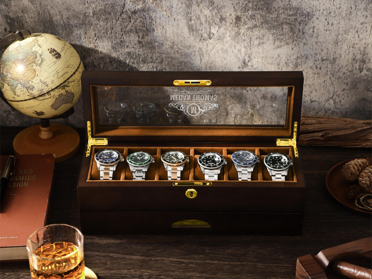 6 Slots Wooden Watch Box, Personalized Watch Case with Drawer, Men's Jewelry Watch Box Display and Storage, Gifts for Him