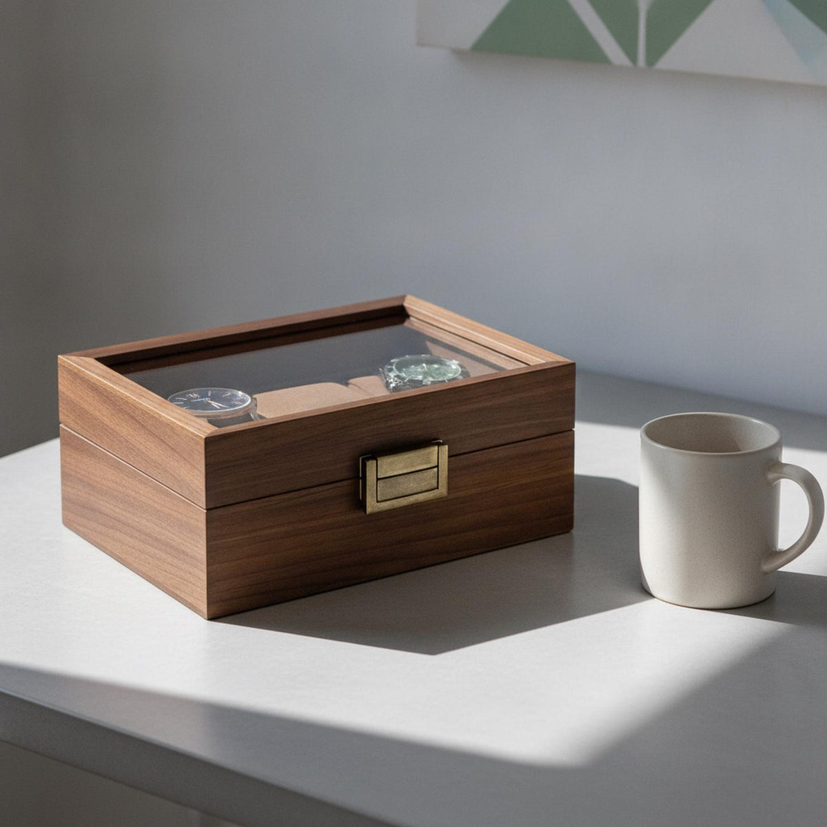 Walnut Wooden Watch Box with Glass Lid for Men's Watches