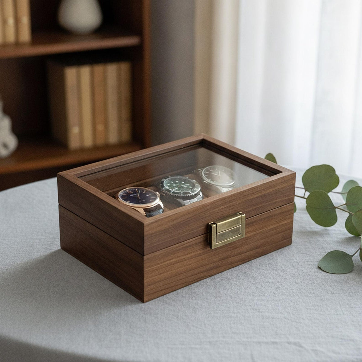Walnut Wooden Watch Box with Glass Lid for Men's Watches