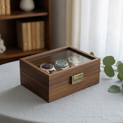 Walnut Wooden Watch Box with Glass Lid for Men's Watches