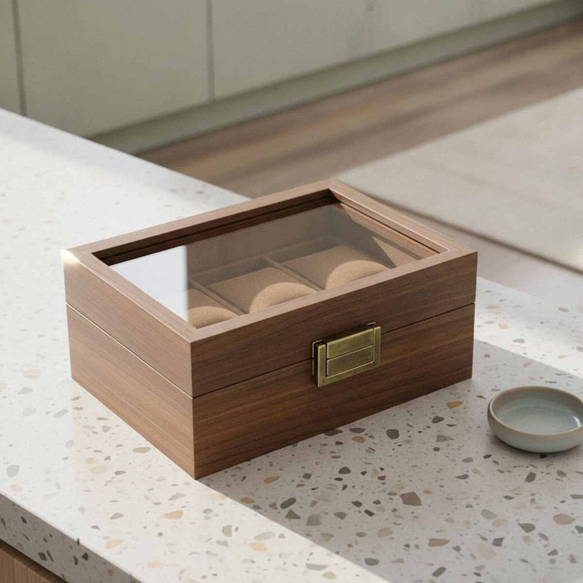 Walnut Wooden Watch Box with Glass Lid for Men's Watches