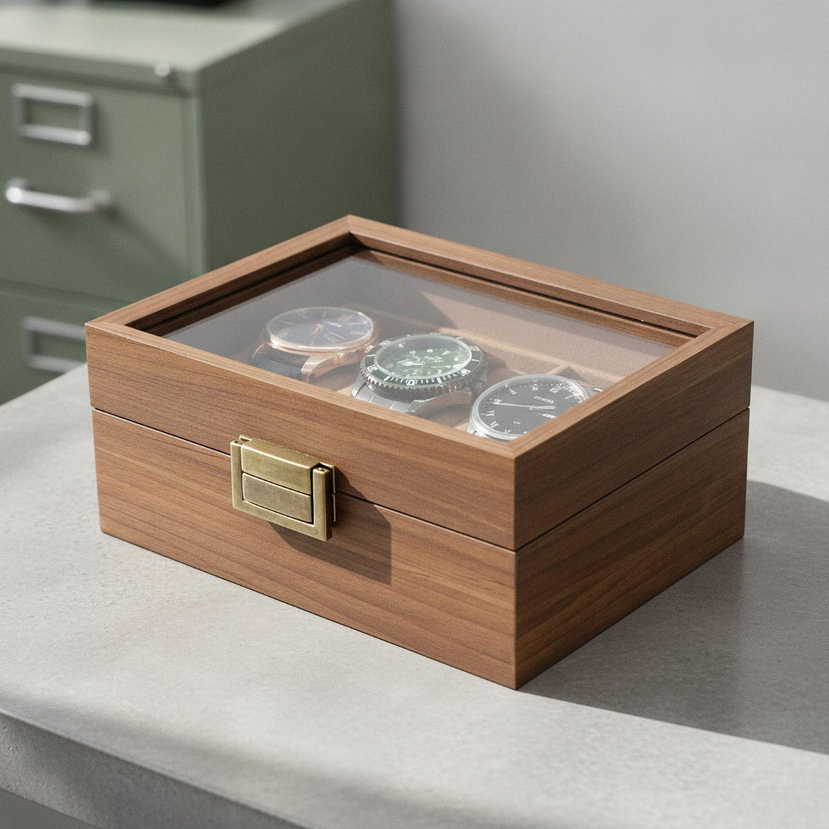 Walnut Wooden Watch Box with Glass Lid for Men's Watches