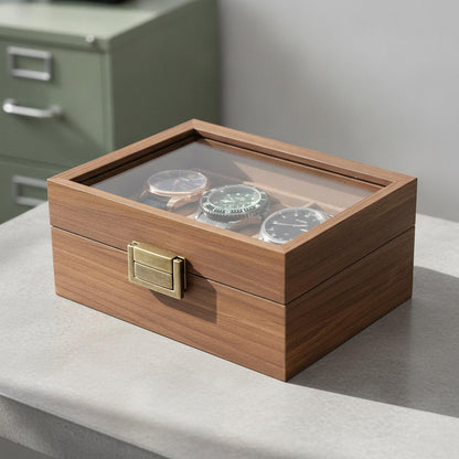 Walnut Wooden Watch Box with Glass Lid for Men's Watches