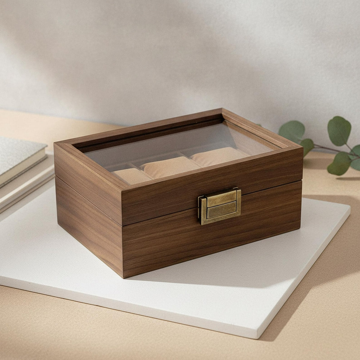 Walnut Wooden Watch Box with Glass Lid for Men's Watches