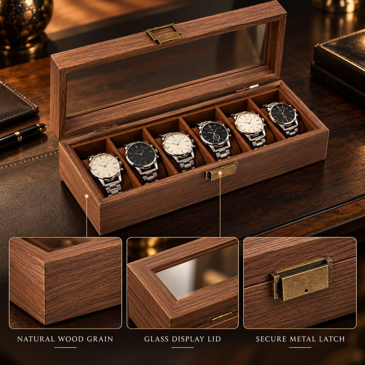 Christmas Gift for Boyfriend Personalized Wooden Watch Box Custom Engraved 6-Slot Organizer