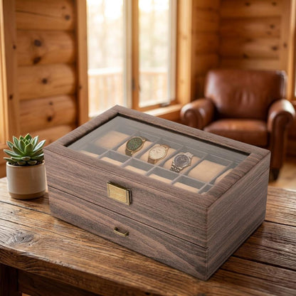24-Bit Watch Box, 2-Tier Rustic Brown Watch Display Case with Glass Window, Tabletop Jewelry Storage Organizer for Men & Women