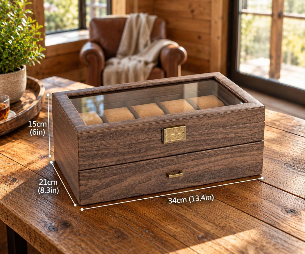 24-Bit Watch Box, 2-Tier Rustic Brown Watch Display Case with Glass Window, Tabletop Jewelry Storage Organizer for Men & Women