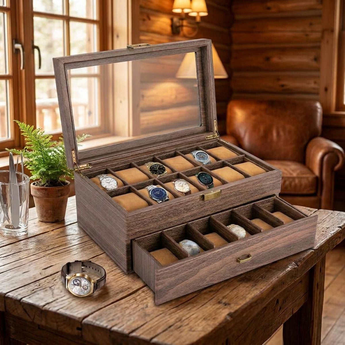 24-Bit Watch Box, 2-Tier Rustic Brown Watch Display Case with Glass Window, Tabletop Jewelry Storage Organizer for Men & Women