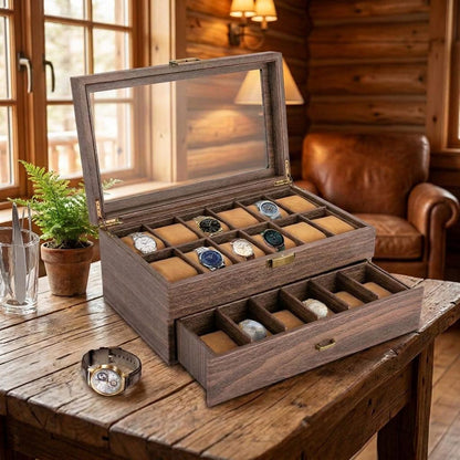 24-Bit Watch Box, 2-Tier Rustic Brown Watch Display Case with Glass Window, Tabletop Jewelry Storage Organizer for Men & Women
