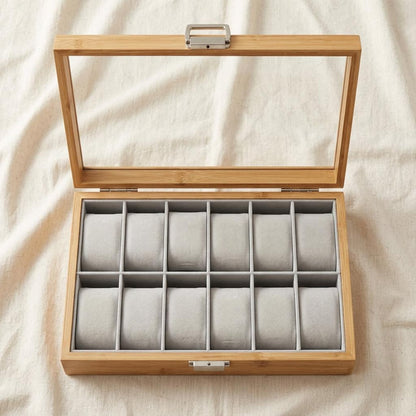 Bamboo Watch Box Organizer with Glass Lid, 12 Slot Watch Display Case, Wooden Jewelry Storage Box Gift for Men