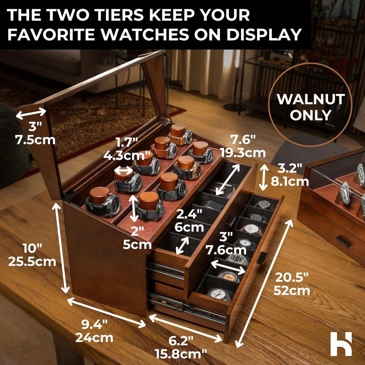 Display & Protect Your Collection – Handcrafted Wooden Watch Box for Men, 17 Watch Display Case with 2 Drawers - Perfect Christmas Gift