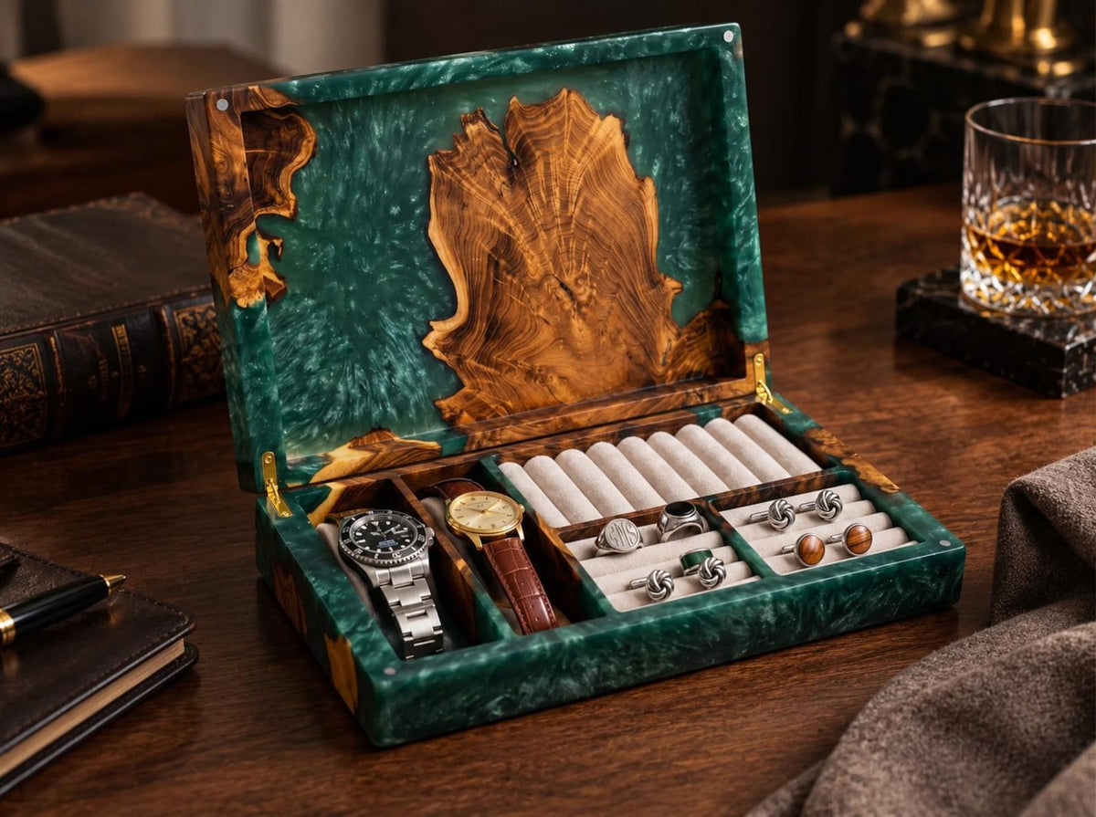 Luxury Men's Jewelry Box, Green Epoxy Resin Watch Organizer, Handmade Wooden Cufflink Storage, Gift for Dad Husband Grandpa Boss