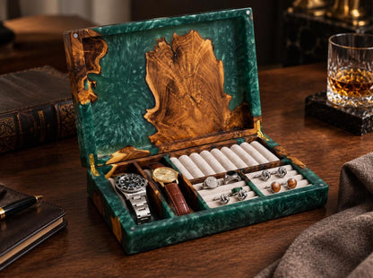 Luxury Men's Jewelry Box, Green Epoxy Resin Watch Organizer, Handmade Wooden Cufflink Storage, Gift for Dad Husband Grandpa Boss