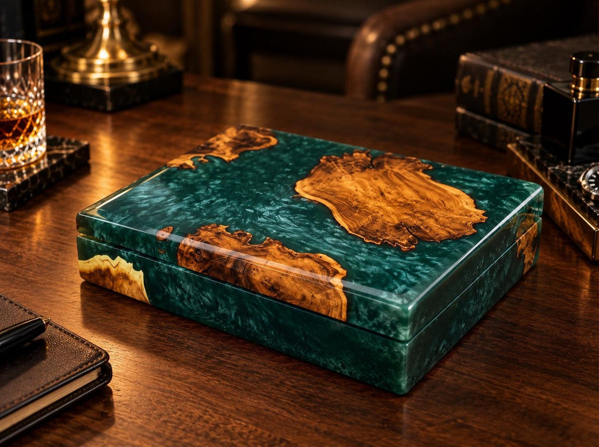 Luxury Men's Jewelry Box, Green Epoxy Resin Watch Organizer, Handmade Wooden Cufflink Storage, Gift for Dad Husband Grandpa Boss