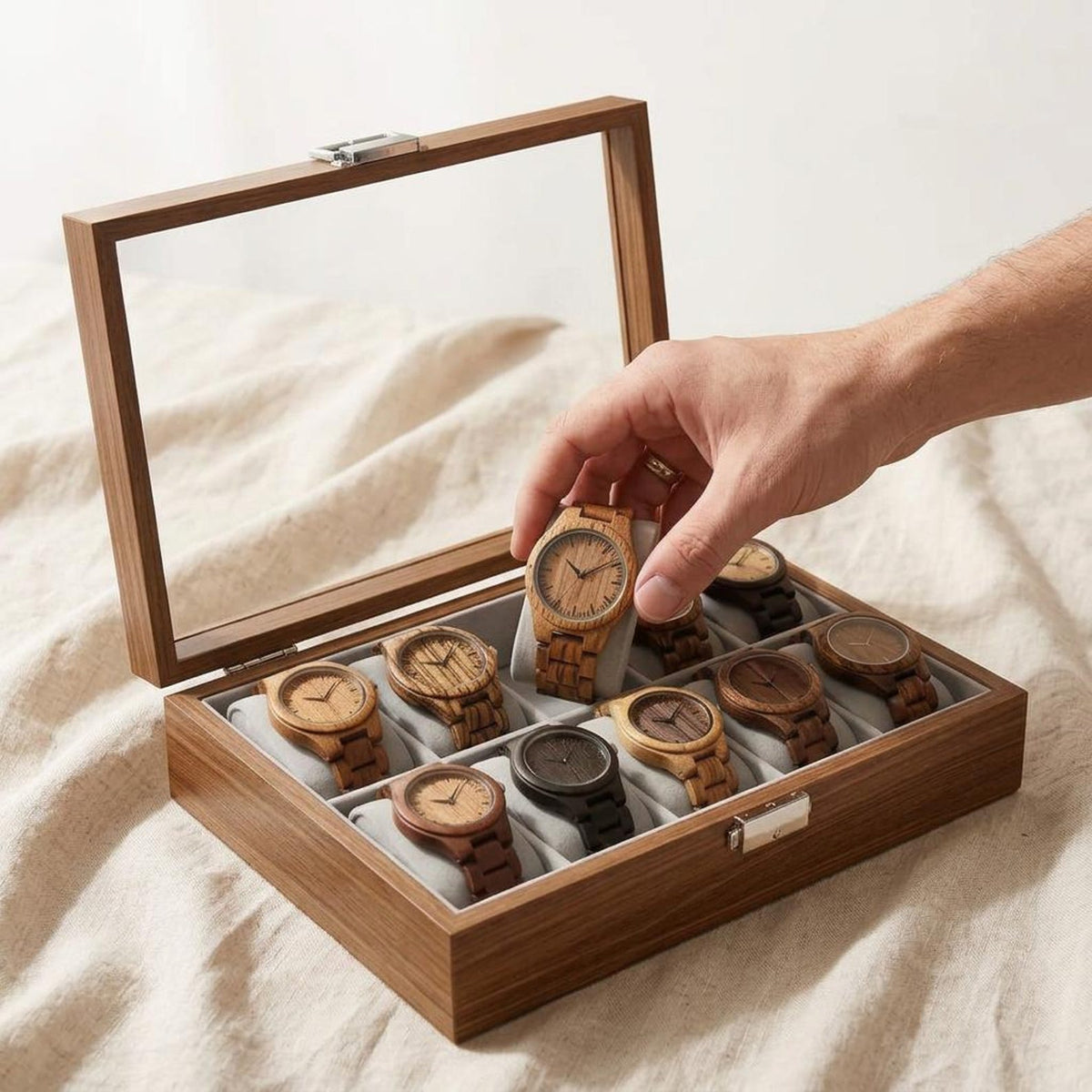 Wooden Watch Box with Glass Lid, 10 Slot Walnut Display Case, Luxury Watch Organizer, Men’s Watch Storage, Gift for Him