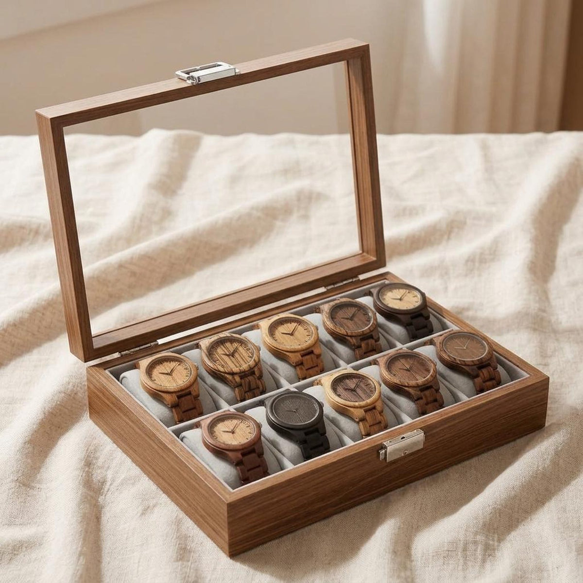 Wooden Watch Box with Glass Lid, 10 Slot Walnut Display Case, Luxury Watch Organizer, Men’s Watch Storage, Gift for Him