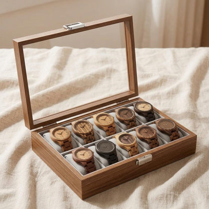 Wooden Watch Box with Glass Lid, 10 Slot Walnut Display Case, Luxury Watch Organizer, Men’s Watch Storage, Gift for Him