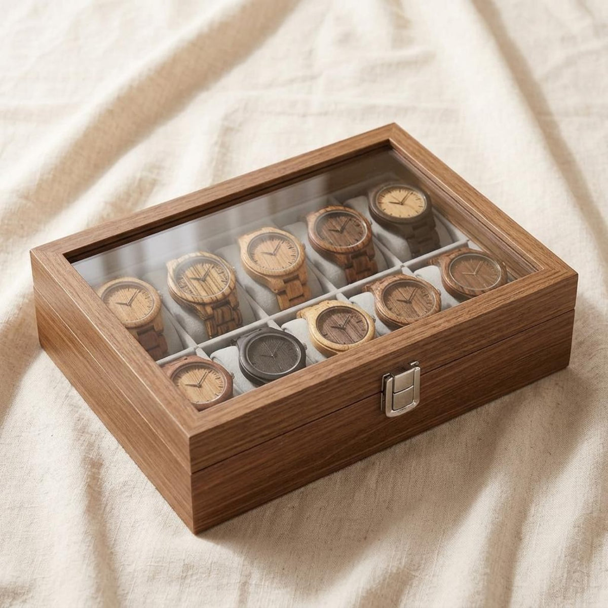 Wooden Watch Box with Glass Lid, 10 Slot Walnut Display Case, Luxury Watch Organizer, Men’s Watch Storage, Gift for Him