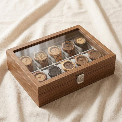Wooden Watch Box with Glass Lid, 10 Slot Walnut Display Case, Luxury Watch Organizer, Men’s Watch Storage, Gift for Him