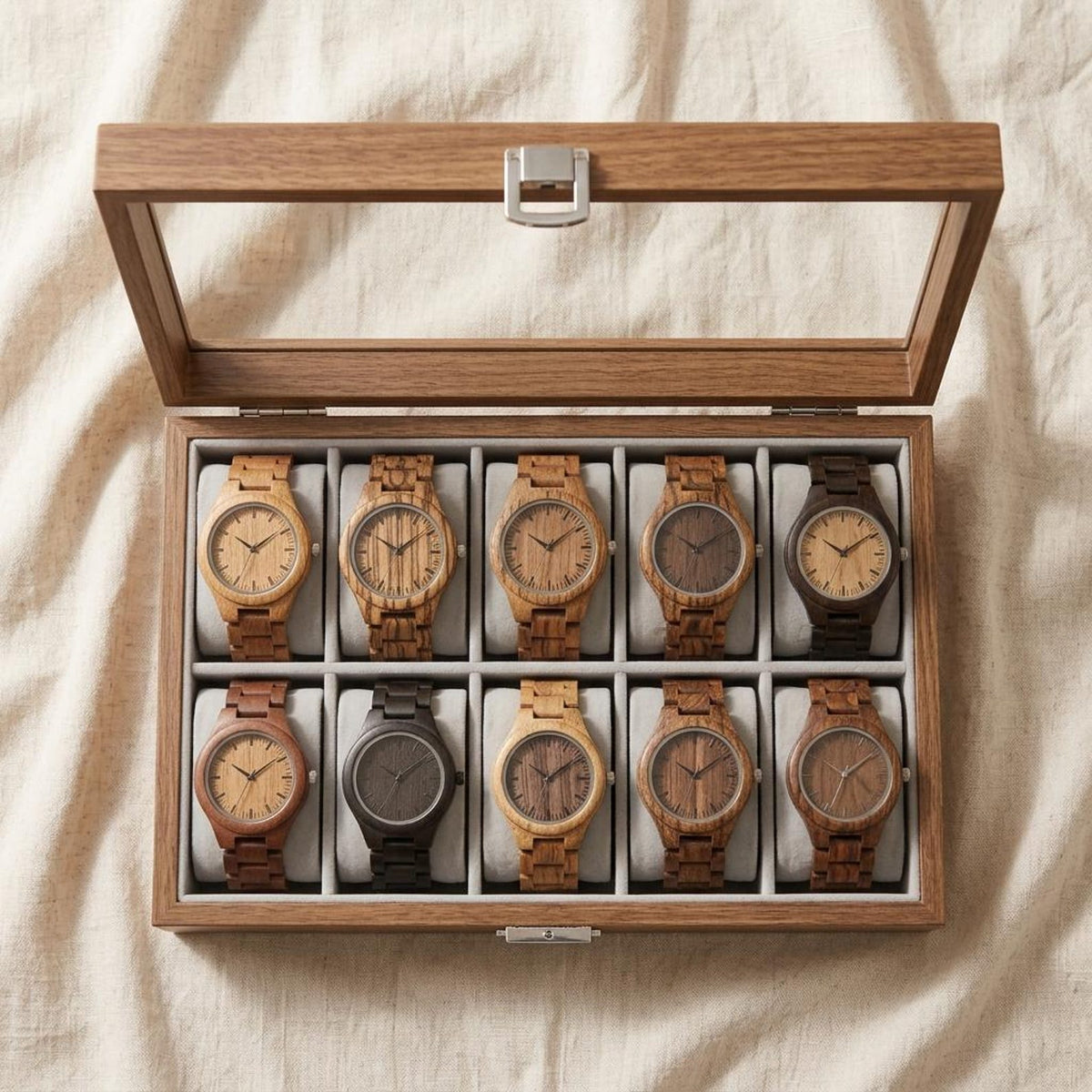 Wooden Watch Box with Glass Lid, 10 Slot Walnut Display Case, Luxury Watch Organizer, Men’s Watch Storage, Gift for Him