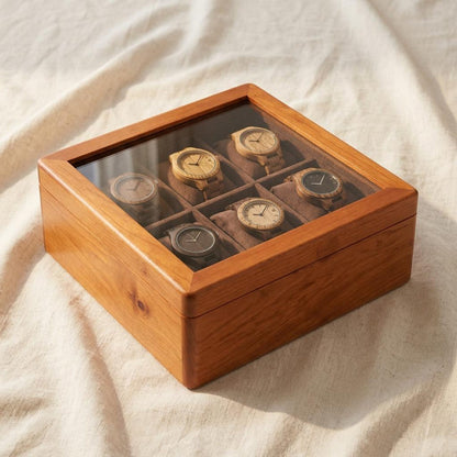 Solid Wood Watch Box for 6 Watches, Glass Window Display Case, Eco-Friendly Wooden Watch Storage, Retro Jewelry Box for Men