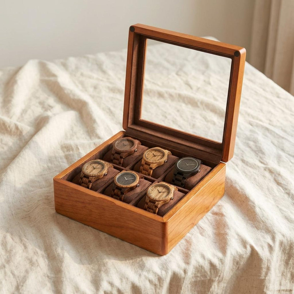 Solid Wood Watch Box for 6 Watches, Glass Window Display Case, Eco-Friendly Wooden Watch Storage, Retro Jewelry Box for Men
