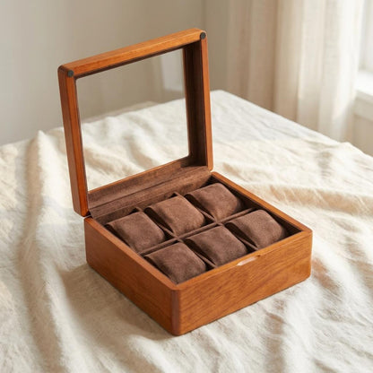 Solid Wood Watch Box for 6 Watches, Glass Window Display Case, Eco-Friendly Wooden Watch Storage, Retro Jewelry Box for Men
