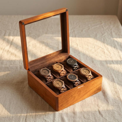 Solid Wood Watch Box for 6 Watches, Glass Window Display Case, Eco-Friendly Wooden Watch Storage, Retro Jewelry Box for Men