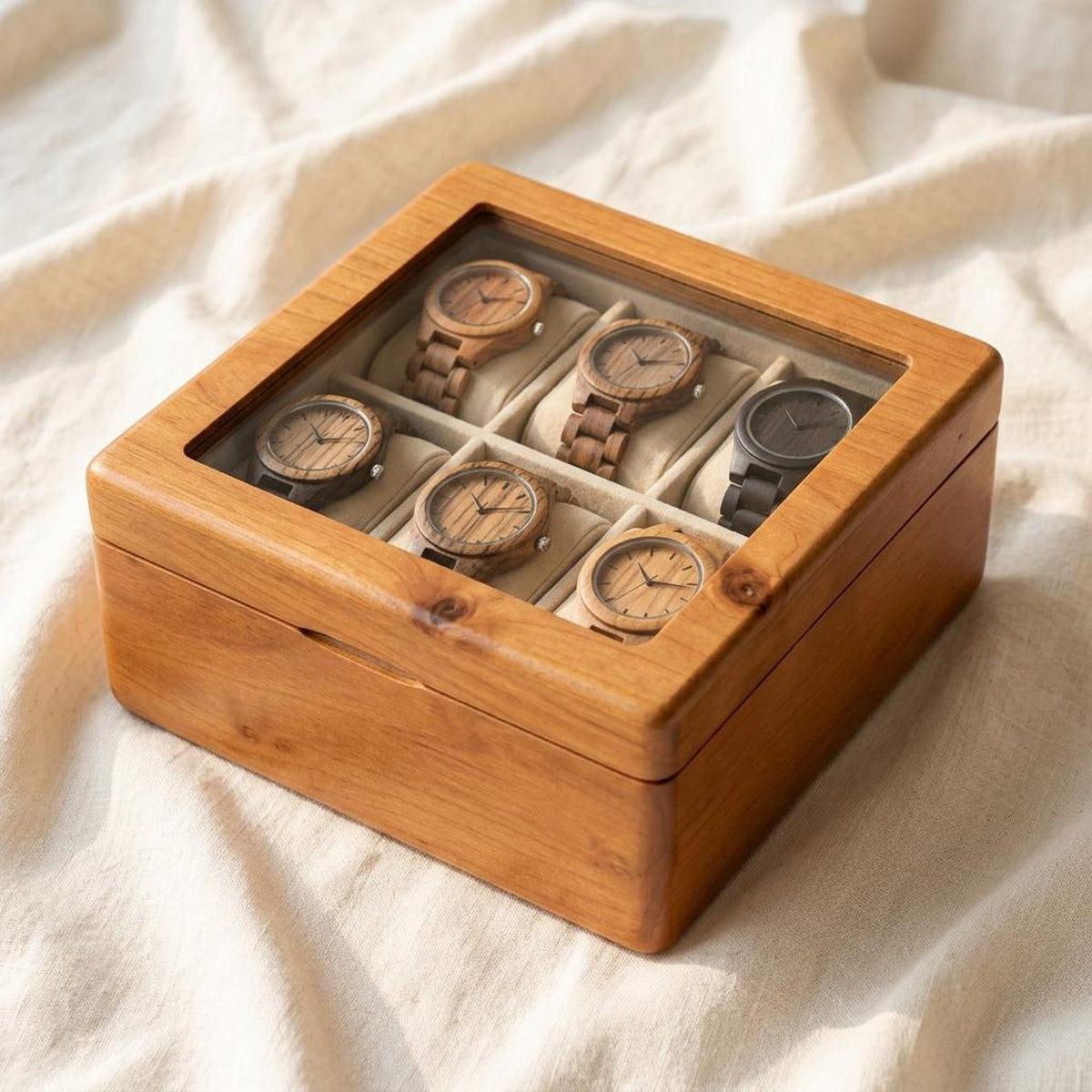 Solid Wood Watch Box for 6 Watches, Glass Window Display Case, Eco-Friendly Wooden Watch Storage with Cream Interior