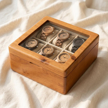 Solid Wood Watch Box for 6 Watches, Glass Window Display Case, Eco-Friendly Wooden Watch Storage with Cream Interior