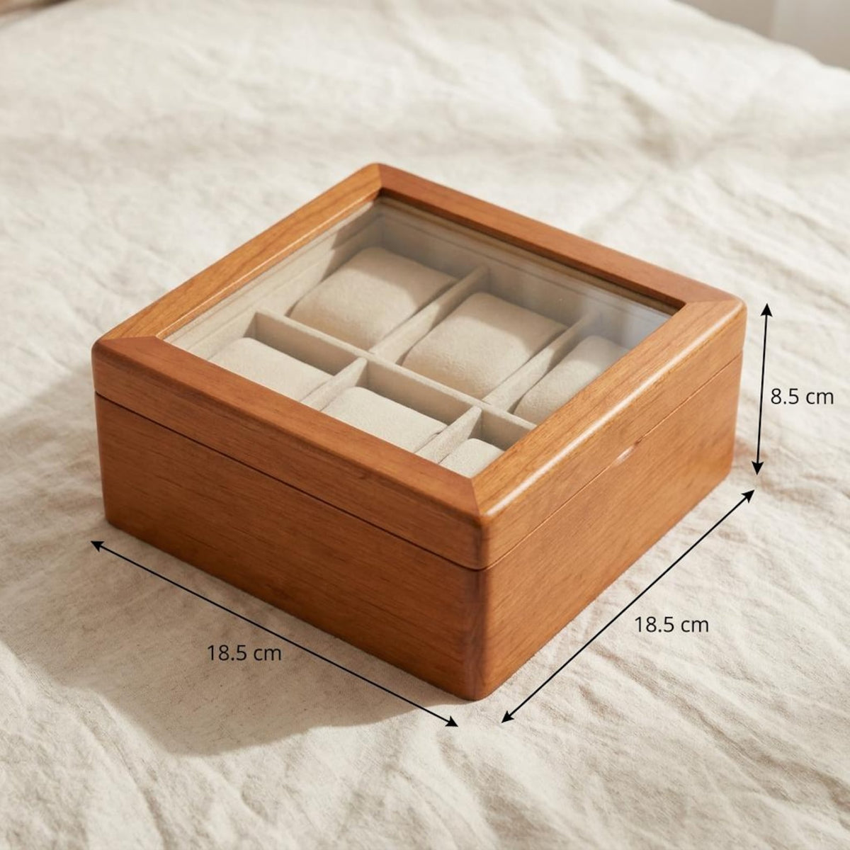 Solid Wood Watch Box for 6 Watches, Glass Window Display Case, Eco-Friendly Wooden Watch Storage with Cream Interior