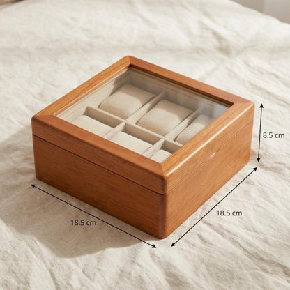 Solid Wood Watch Box for 6 Watches, Glass Window Display Case, Eco-Friendly Wooden Watch Storage with Cream Interior