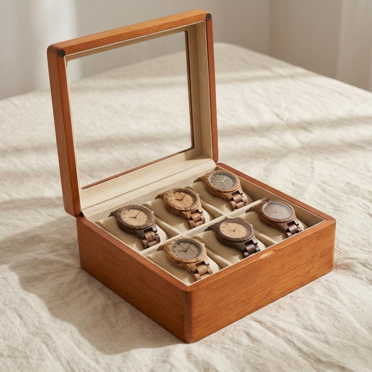 Solid Wood Watch Box for 6 Watches, Glass Window Display Case, Eco-Friendly Wooden Watch Storage with Cream Interior