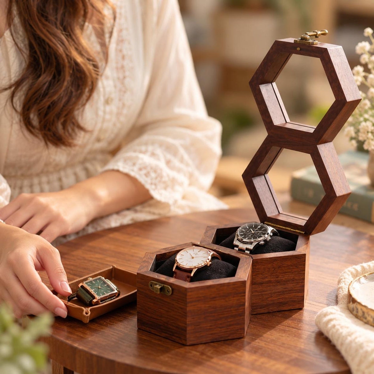 Handcrafted Rosewood Honeycomb Watch Box | Vintage Wooden Watch Organizer | Elegant Watch Display Case | Jewelry Storage | Gift for Him