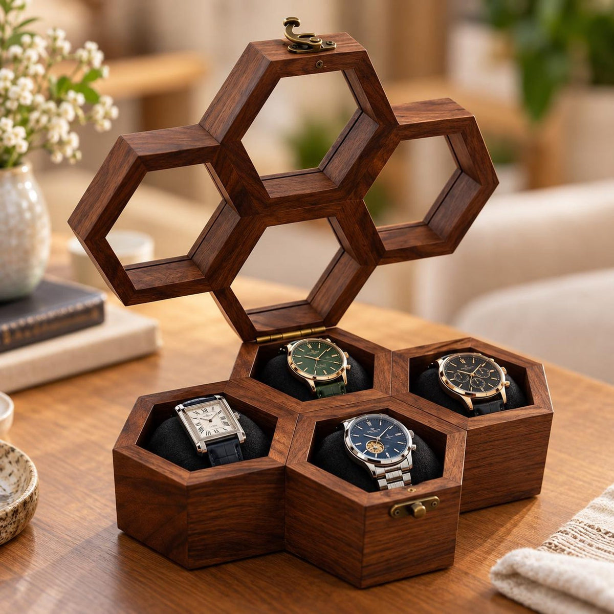 Handcrafted Rosewood Honeycomb Watch Box | Vintage Wooden Watch Organizer | Elegant Watch Display Case | Jewelry Storage | Gift for Him