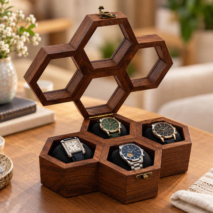 Handcrafted Rosewood Honeycomb Watch Box | Vintage Wooden Watch Organizer | Elegant Watch Display Case | Jewelry Storage | Gift for Him