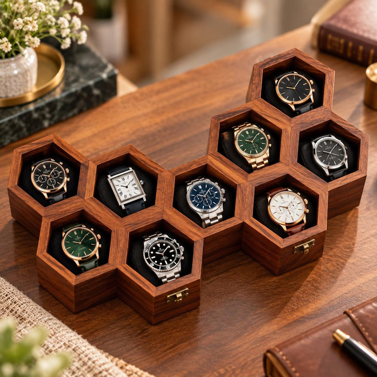 Handcrafted Rosewood Honeycomb Watch Box | Vintage Wooden Watch Organizer | Elegant Watch Display Case | Jewelry Storage | Gift for Him